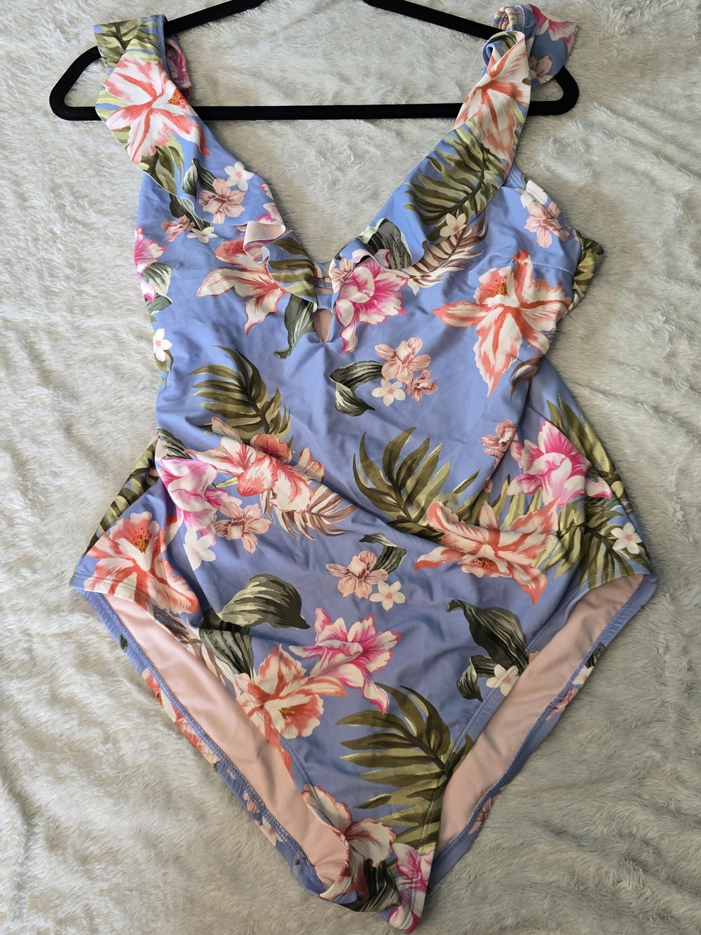 Floral One-Piece Swimsuit in Light Blue with Pink Accents